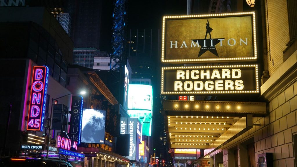 The Hamilton marquee at the Richard Rodgers Theatre in New York City at night