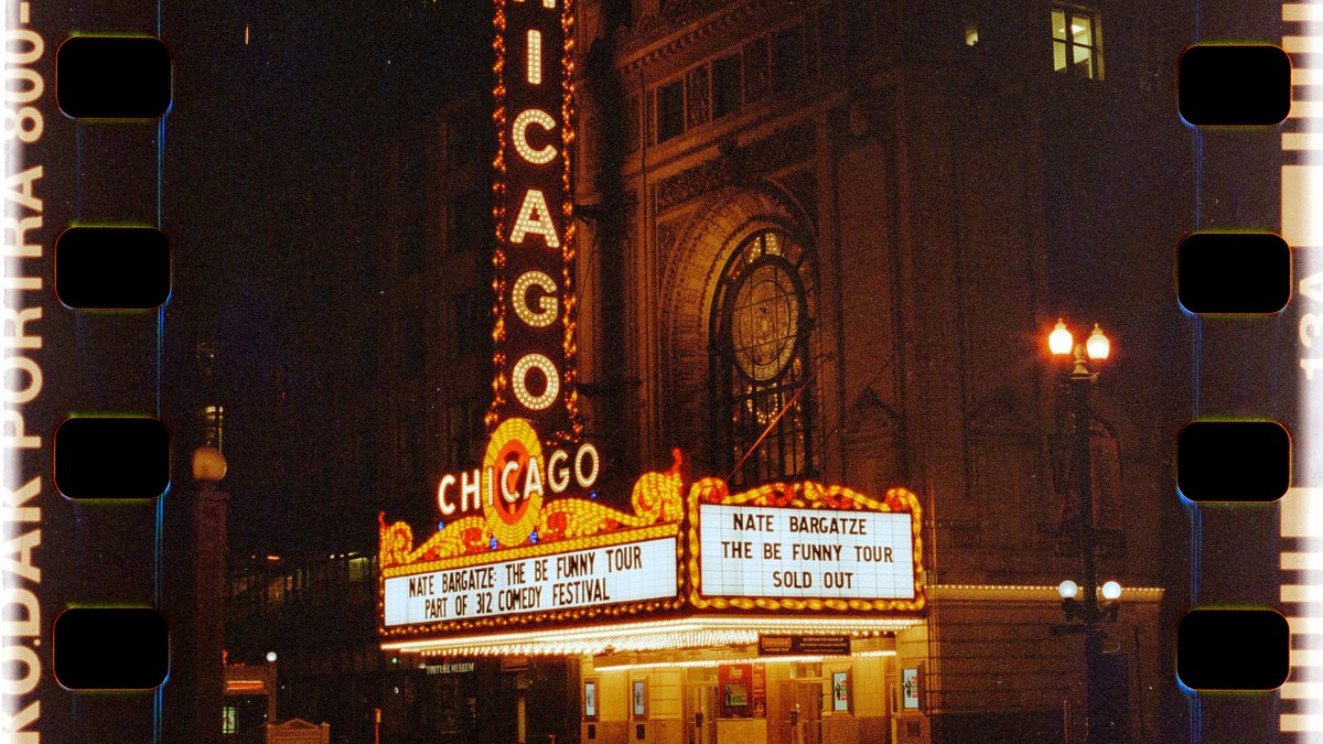 Chicago Theatre marquee advertising a sold-out Nate Bargatze show